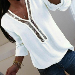 Fashion Women Long Sleeve Loose Blouse V-Neck Sequined Casual Shirts Tops