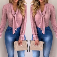 Women Long Sleeve V-Neck Elegant Chiffon Blouses Slim Casual Female Polka Dot Top