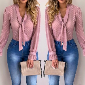 Women Long Sleeve V-Neck Elegant Chiffon Blouses Slim Casual Female Polka Dot Top