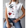  Fashion Summer Women Elegant Lips Print Office Casual Stand Neck Pullovers Shirts 