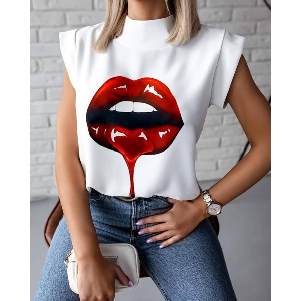  Fashion Summer Women Elegant Lips Print Office Casual Stand Neck Pullovers Shirts 