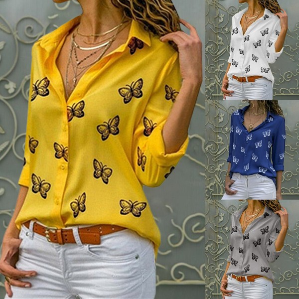 Fashion Women's Summer Casual Long Sleeve V Neck Loose Butterfly Print Blouse Shirt 