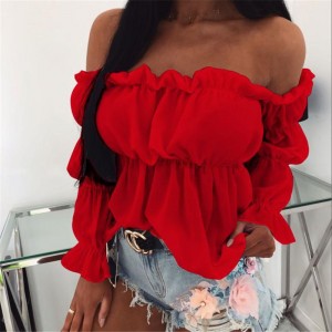 Women Elegant Off Shoulder Chiffon Pleated Sexy Office Street Blouses Tops 