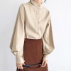 Women Autumn Single Breasted Stand Collar Lantern Sleeve Blouse Office Work Solid Vintage Shirts