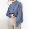 Women Autumn Single Breasted Stand Collar Lantern Sleeve Blouse Office Work Solid Vintage Shirts