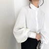 Women Autumn Single Breasted Stand Collar Lantern Sleeve Blouse Office Work Solid Vintage Shirts