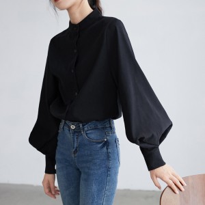 Women Autumn Single Breasted Stand Collar Lantern Sleeve Blouse Office Work Solid Vintage Shirts