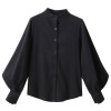 Women Autumn Single Breasted Stand Collar Lantern Sleeve Blouse Office Work Solid Vintage Shirts