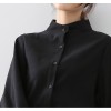 Women Autumn Single Breasted Stand Collar Lantern Sleeve Blouse Office Work Solid Vintage Shirts