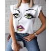 Women Lips Print Tops and Blouse Shirts Ladies Office Stand Neck Pullovers Eye Blusa Tops