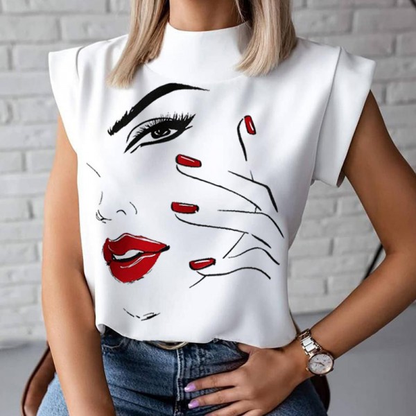 Women Lips Print Tops and Blouse Shirts Ladies Office Stand Neck Pullovers Eye Blusa Tops