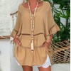 Women's Solid Cotton Linen Hollow Long Sleeve V-Neck Pullover Plus Size Shirt Blouse 