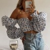 Women Blue Floral Print Tie Front Top Puff Sleeve Elegant Vintage Sexy Shirt