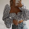 Women Blue Floral Print Tie Front Top Puff Sleeve Elegant Vintage Sexy Shirt