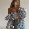 Women Blue Floral Print Tie Front Top Puff Sleeve Elegant Vintage Sexy Shirt
