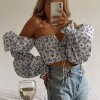 Women Blue Floral Print Tie Front Top Puff Sleeve Elegant Vintage Sexy Shirt