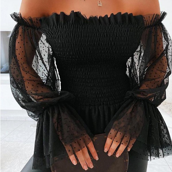  New Sexy Off Shoulder Sheer Long Sleeve Lace Frill Women Tops 