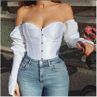 Women Sexy Off Shoulder Shirt Ladies' Long Sleeve Slim Back Tie Solid Top