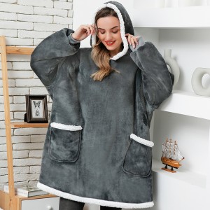 Women Oversized Hoodie Blanket Sleeves Sweatshirt Plaid Fleece Hoody Pocket Sweatshirt 