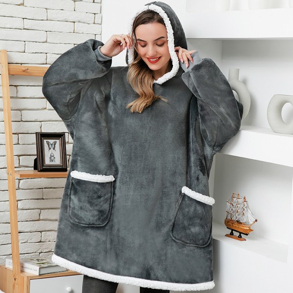 Women Oversized Hoodie Blanket Sleeves Sweatshirt Plaid Fleece Hoody Pocket Sweatshirt 