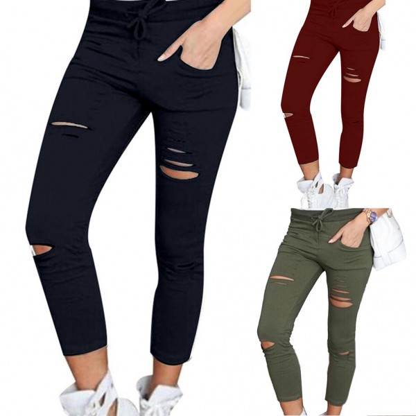 Plus Size Solid Color Drawstring High Waist Pencil Pants Ripped Skinny Leggings 