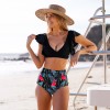 Women Ruffled Hem Floral V-neck High-waisted Swimsuit  Beach Suit Swimwear 