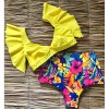 Women Ruffled Hem Floral V-neck High-waisted Swimsuit  Beach Suit Swimwear 