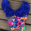 Women Ruffled Hem Floral V-neck High-waisted Swimsuit  Beach Suit Swimwear 