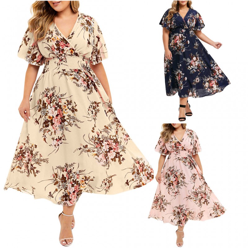 Women Plus Size Boho Dress Floral Printed V-neck Short Sleeve Chiffon Summer Dress 