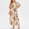 Women Plus Size Boho Dress Floral Printed V-neck Short Sleeve Chiffon Summer Dress 