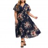 Women Plus Size Boho Dress Floral Printed V-neck Short Sleeve Chiffon Summer Dress 