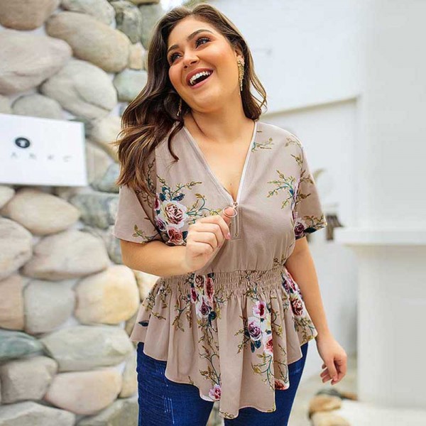 Women Plus Size Boho Floral Blouse Shirt V-neck Short Sleeve Oversized Blouse