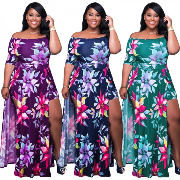 Dress Women Plus Size Summer High Waist Off Shoulder Dresses Sexy Split Floral Dress 