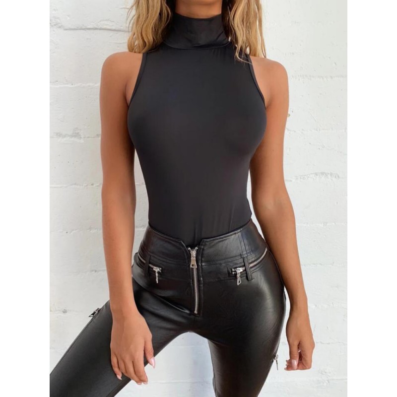 Black fitted bodysuit Sleeveless Fitted turtle neck style G-string cut 
