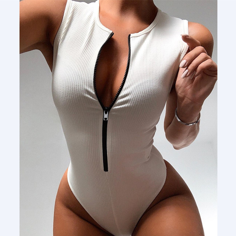 Zipper Sexy Bodysuit Women Bodycon Basic Top Sleeveless Bodysuit Jumpsuit