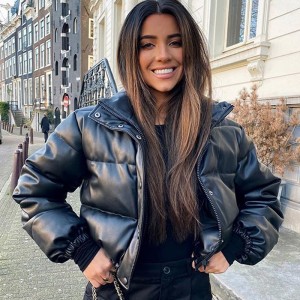 Women Thick Short Parkas PU Leather Coats Zipper Cotton Jackets 