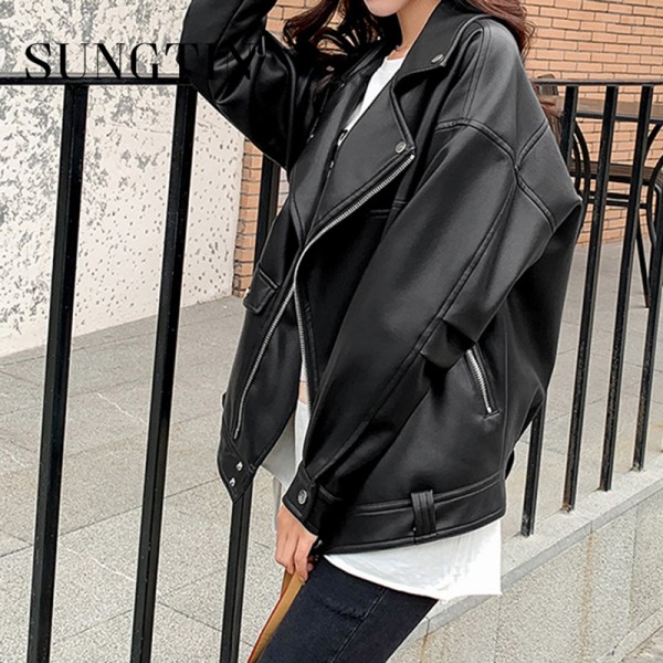 New Faux Leather Jacket Women PU Loose Motorcycle Jackets Streetwear Oversized Coat