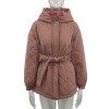 Women Loose Arygle Hooded Parkas  Solid Thick Short Coats Tie Belt Cotton Jackets 