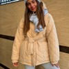 Women Loose Arygle Hooded Parkas  Solid Thick Short Coats Tie Belt Cotton Jackets 