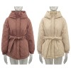 Women Loose Arygle Hooded Parkas  Solid Thick Short Coats Tie Belt Cotton Jackets 