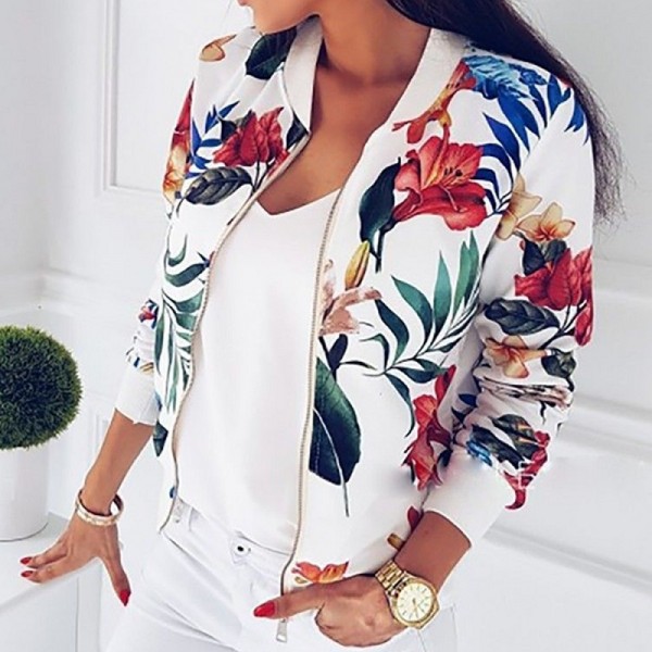 Women Long Sleeve  Zipper Print Bomber Jacket Casual Pocket Slim Outwears Plus Size