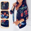 Women Long Sleeve  Zipper Print Bomber Jacket Casual Pocket Slim Outwears Plus Size