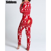 Women Christmas Cutout  Flap Adults Pajamas Club Button Design Plunge Lounge Jumpsuit