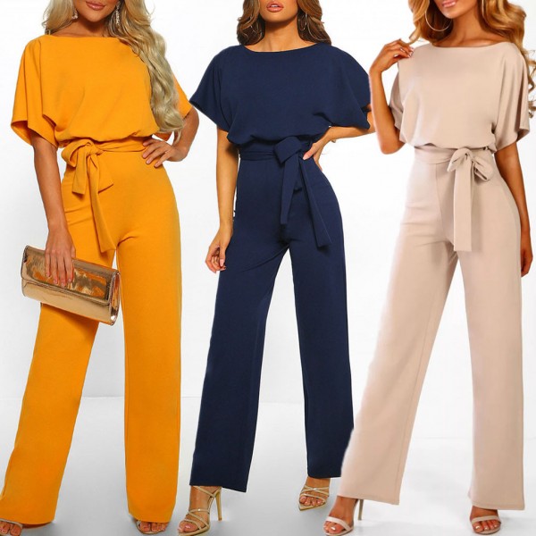 Women Short Sleeve Playsuit Clubwear Straight Leg Jumpsuit With Belt Bodysuit Rompers