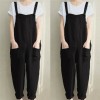 Women Sleeveless Dungarees Cotton Linen Jumpsuit Loose Preppy Style Pants Pocket Overalls 