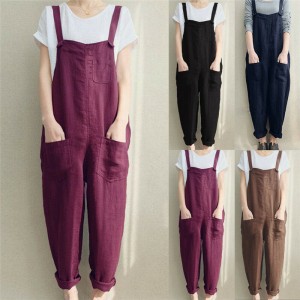 Women Sleeveless Dungarees Cotton Linen Jumpsuit Loose Preppy Style Pants Pocket Overalls 