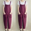 Women Sleeveless Dungarees Cotton Linen Jumpsuit Loose Preppy Style Pants Pocket Overalls 