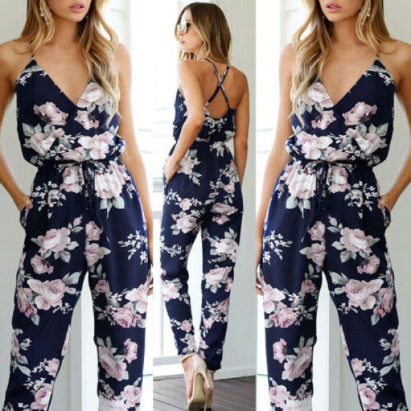 Women Playsuit V Neck Floral Bandge Romper High Waist Long Trousers Pants 