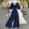 Polka Dot Romper Women V-Neck Puff Short Sleeve High Waist Jumpsuit Loose Wide Leg Playsuits 