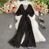 Polka Dot Romper Women V-Neck Puff Short Sleeve High Waist Jumpsuit Loose Wide Leg Playsuits 